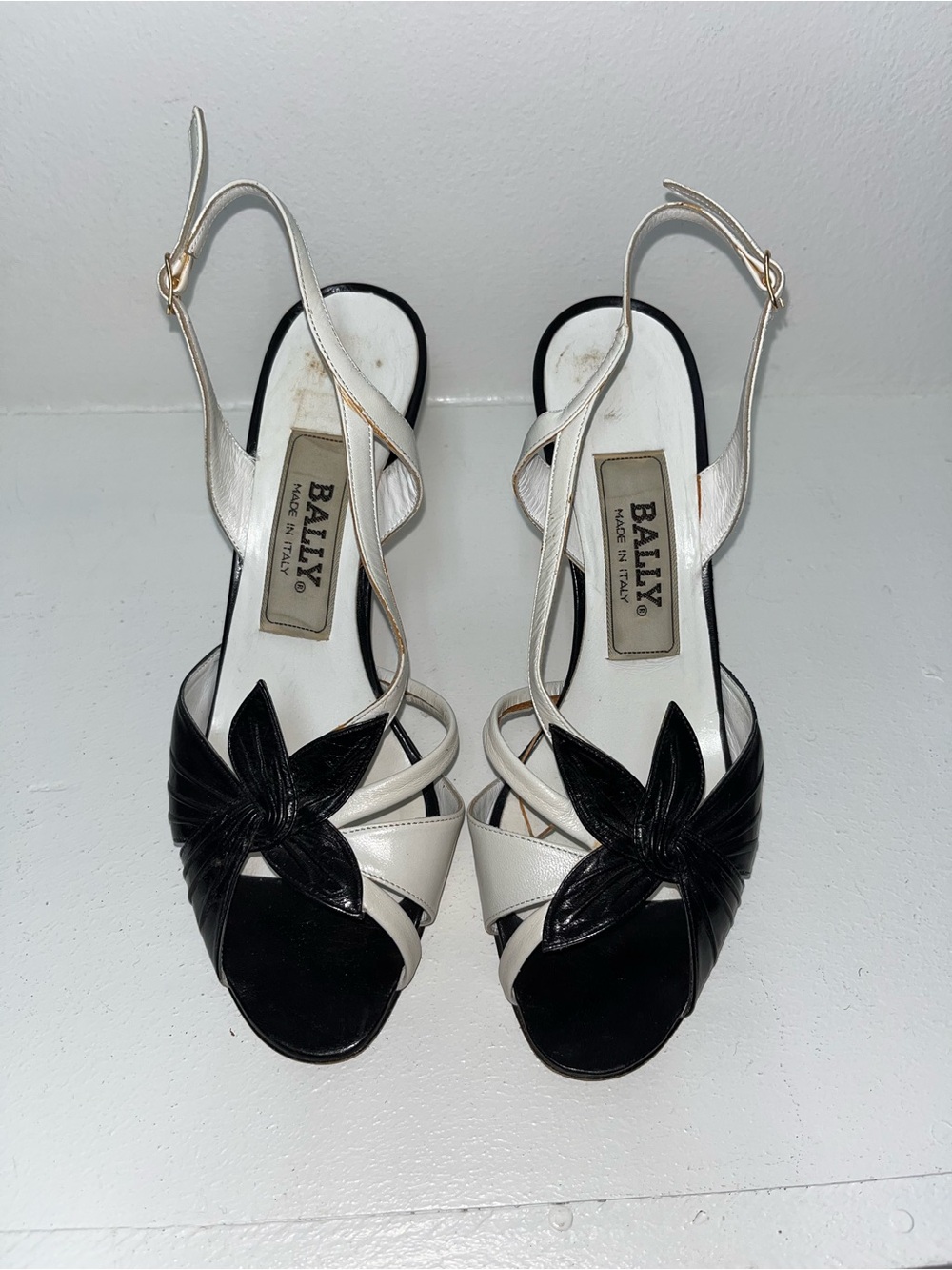 Bally Black & White Knotted Leather Slingback Heels